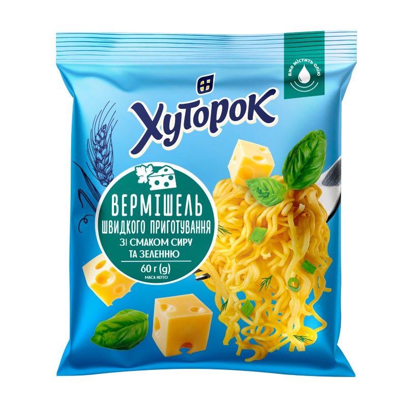 Вермішель швидкого приготування зі смаком сиру та зеленню ТМ "Хуторок" 60г